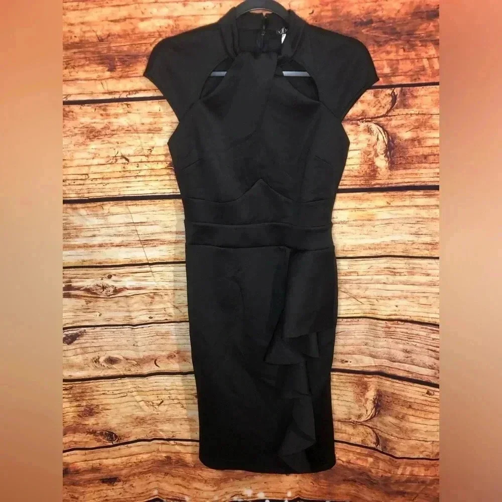Black Ruffle Cocktail Dress with wrap neck - Picture 6 of 16